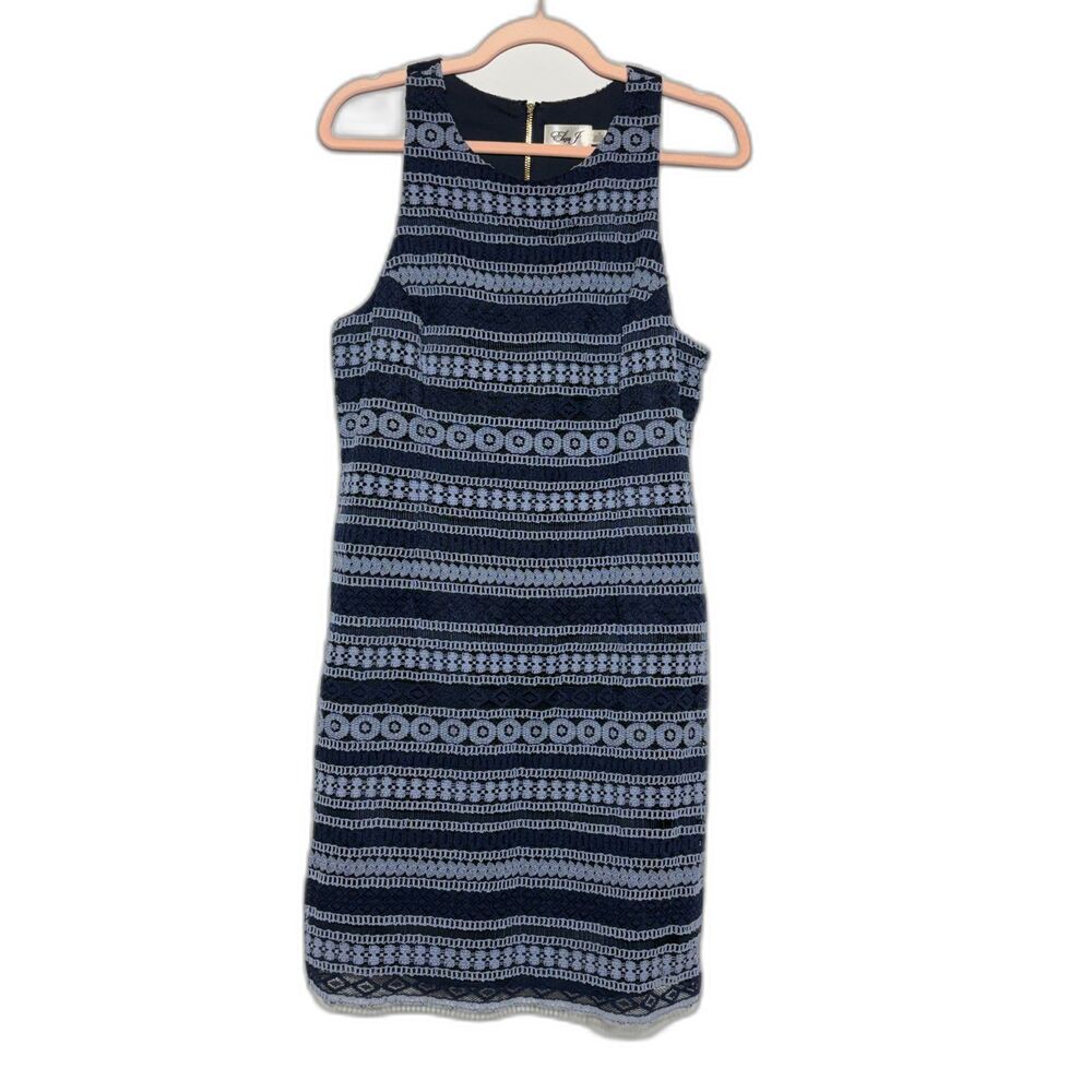 Eliza J Lace Dress Womens 10 Navy Blue Racerback Gold Zip Cocktail Wedding